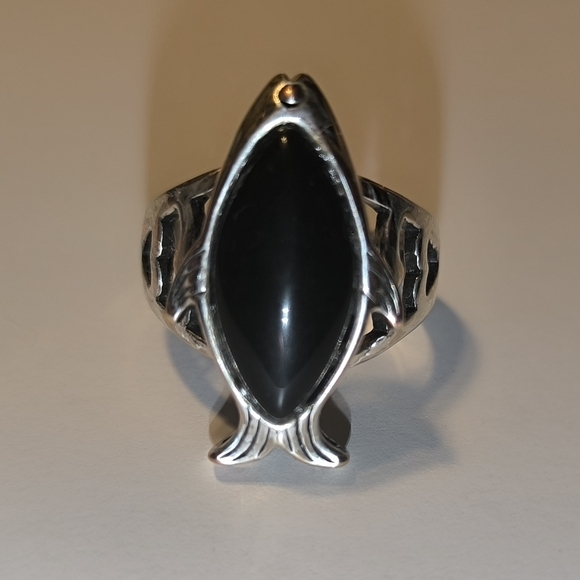Large Textured Fish Black Onyx Sterling Silver Men Unisex Ring Size 10 - Picture 8 of 17
